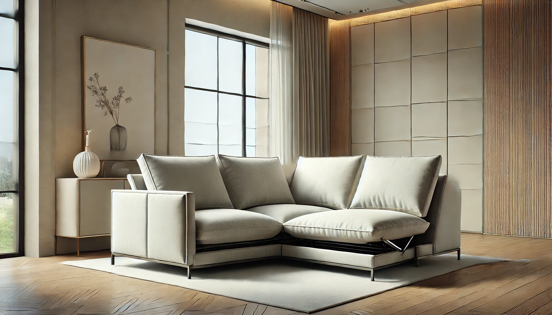 DALL·E 2024 10 09 17.36.23 A modern corner sofa with a fold out design featuring clean sleek lines and minimalistic style. The sofa has neutral elegant fabric upholstery in l - Sedací soupravy